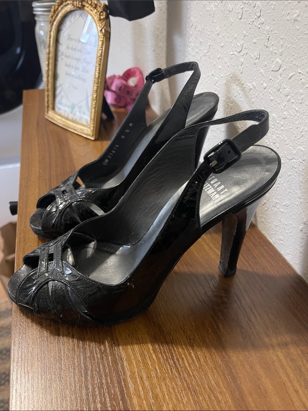Stuart Weitzman Black Patent Slingback Peep-Toe Heels